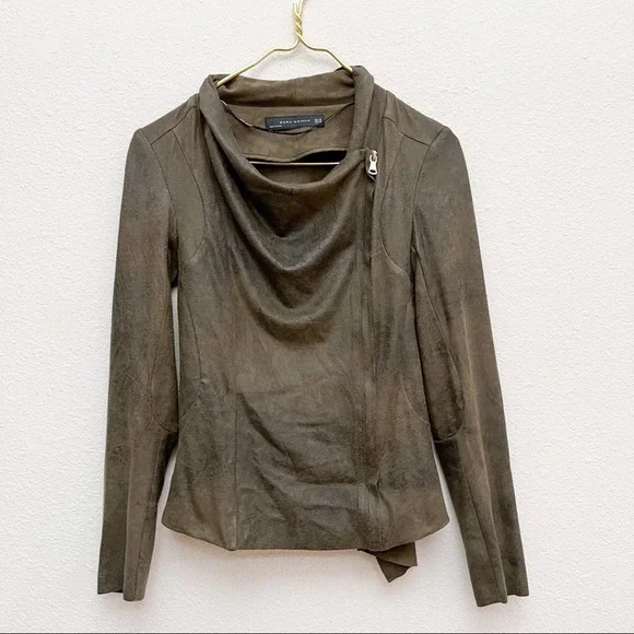Zara Faux Suede Olive Green Draped Asymmetrical Zip Up Moto Jacket - Picture 3 of 12